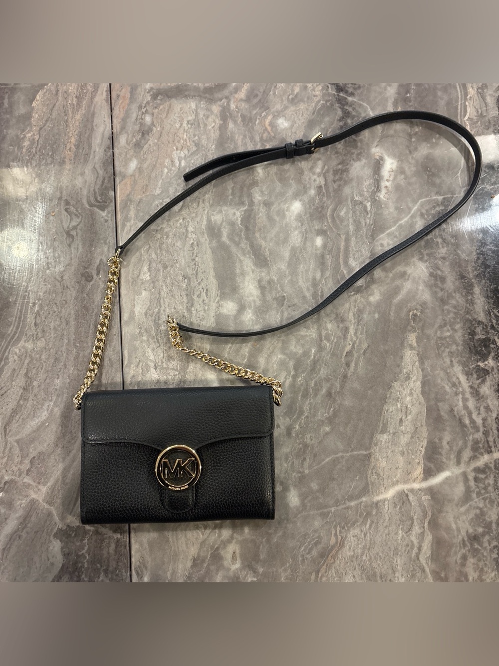 Michael Kors Black Pebbled Leather Crossbody with Gold MK Emblem